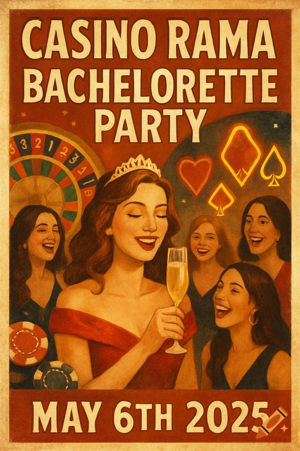 Vintage style poster for a casino bachelorette party featuring women, roulette wheel, and card suits.