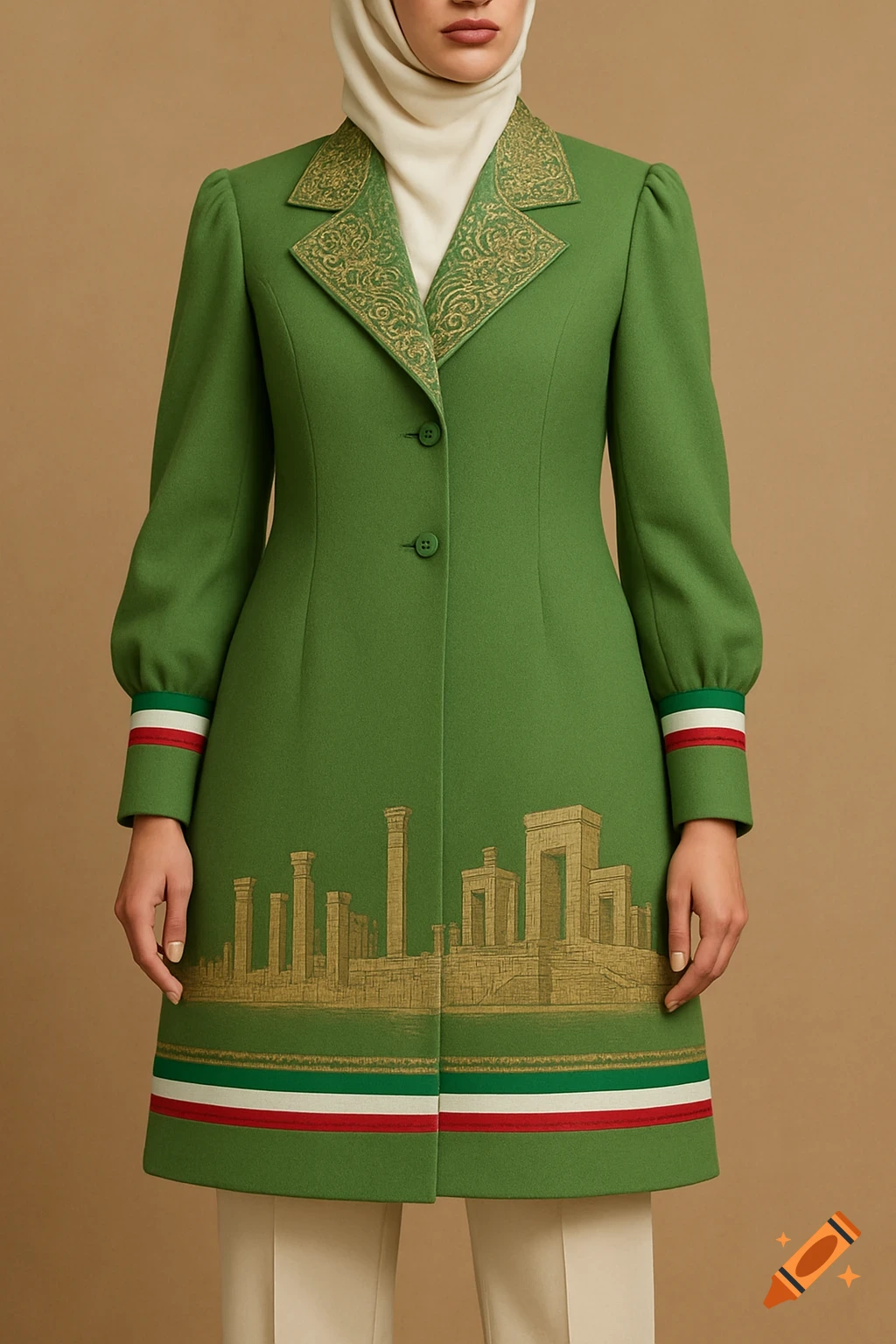 Close-up of a person wearing a green coat with a headscarf. The coat has gold patterns on the collar, a depiction of ancient architecture, and red, white, and green stripes.