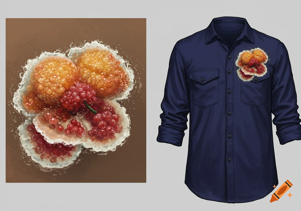 A detailed illustration of a design inspired by fruit mould, next to a dark blue collared shirt.