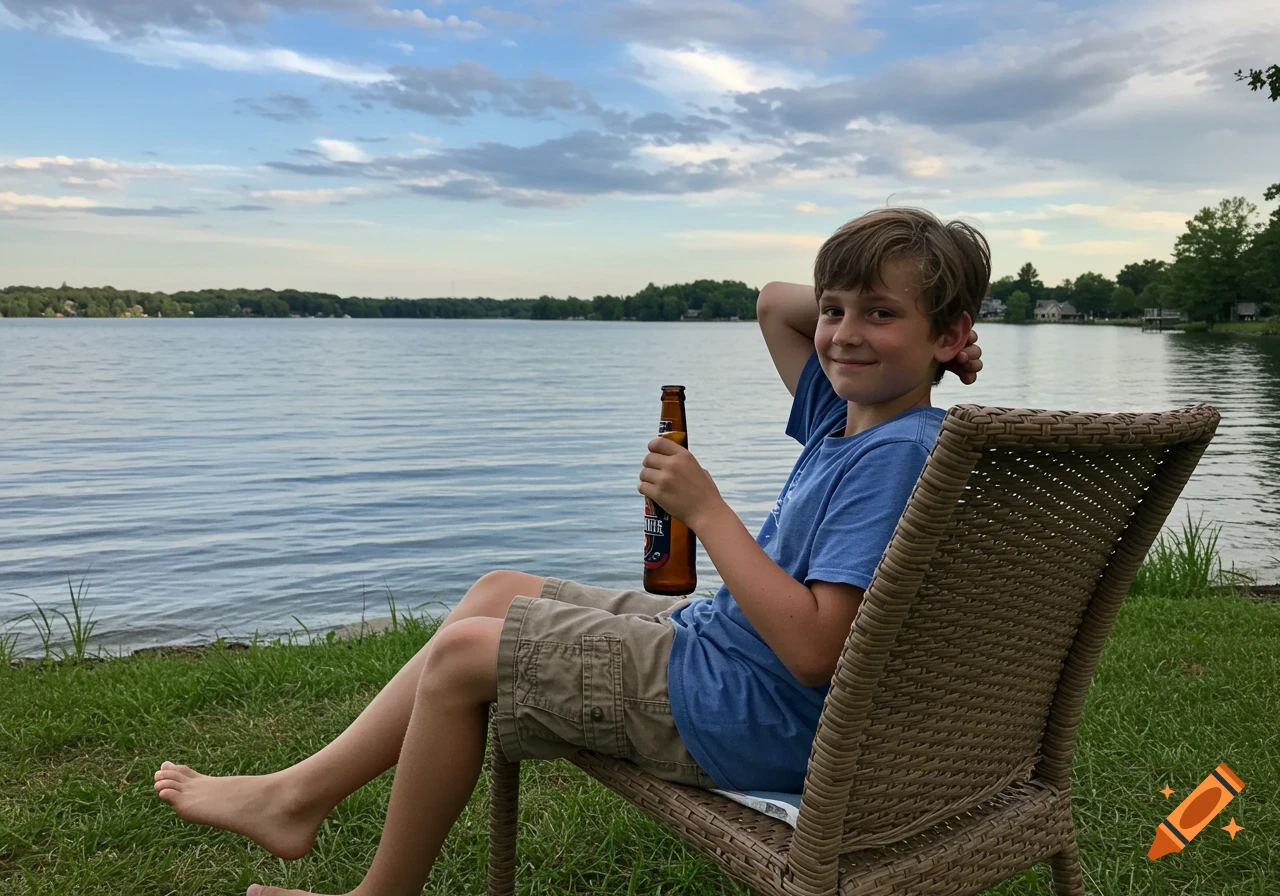 Boy holding a bottle relaxing in a chair by a lake under a cloudy sky.