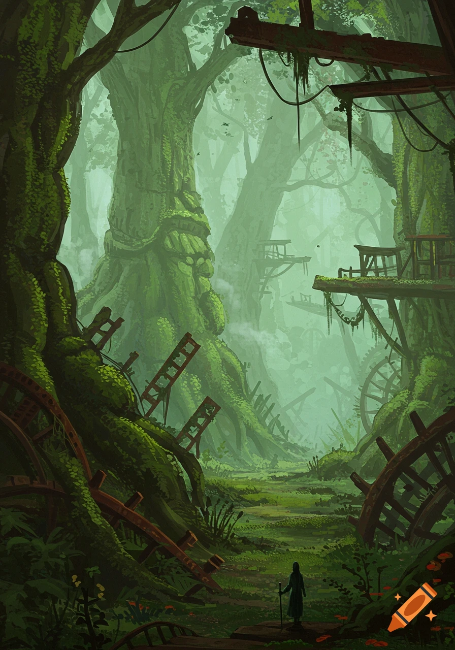 Person stands on a path through a mystical ancient forest with overgrown ruins and mechanical parts.