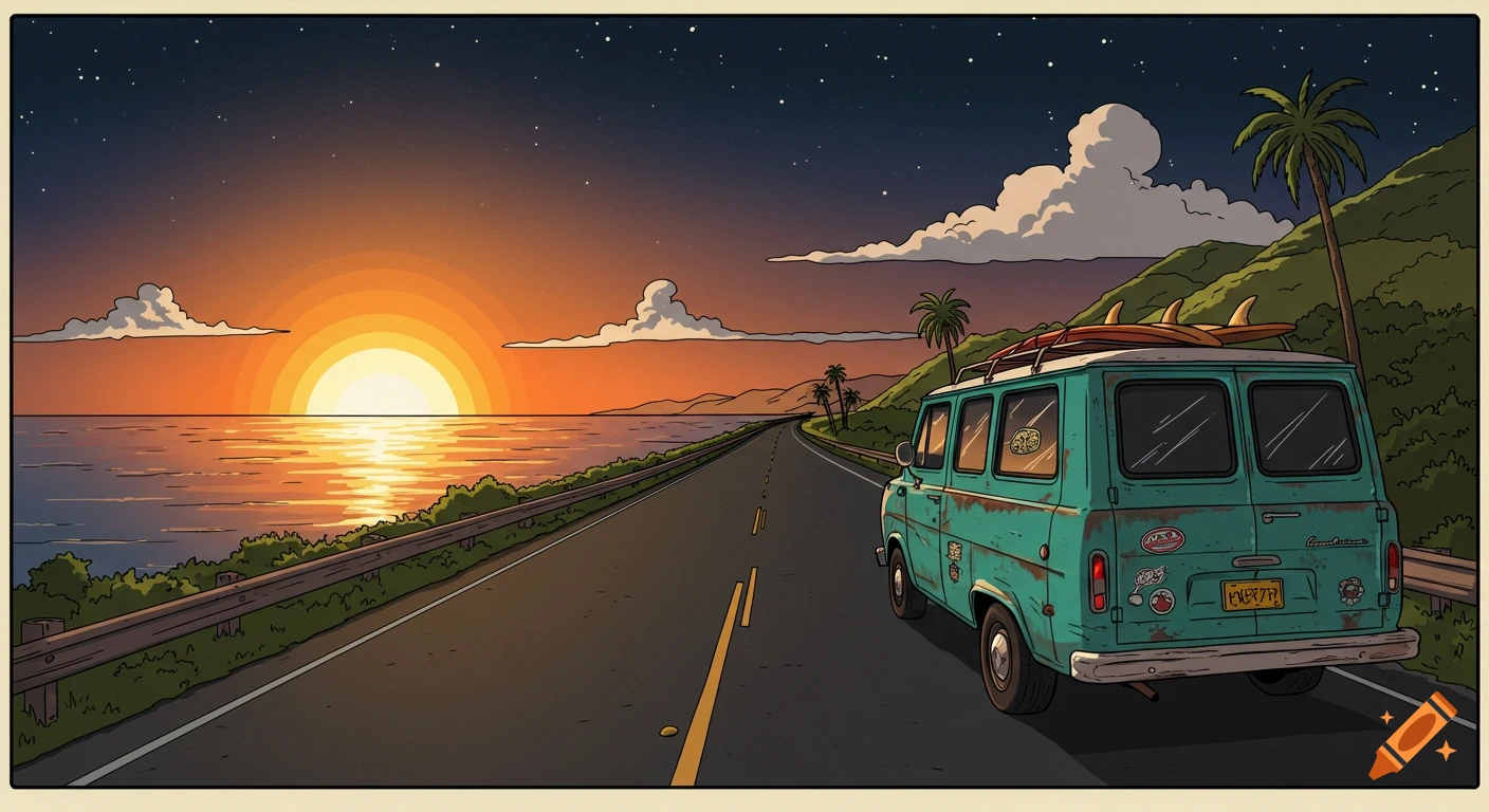 Illustration of a teal van driving on a coastal road at sunset with palm trees.