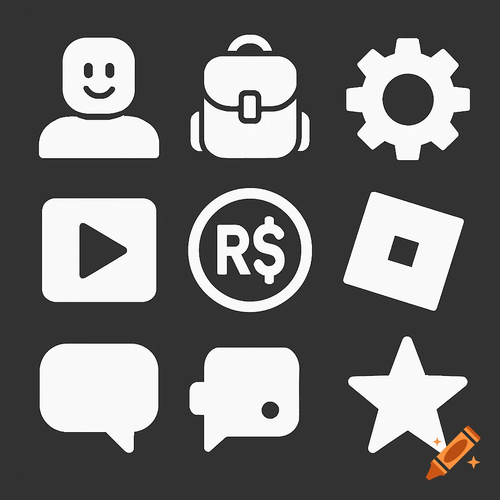 Grid of white UI icons for gaming, including player, backpack, gear, play, currency, logo, chat, and star.