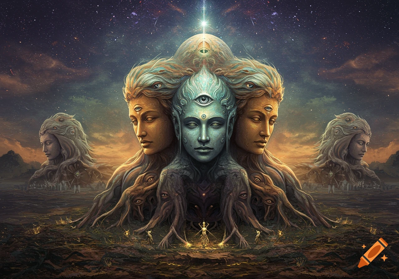 Surreal cosmic art of multi-faced, eye-covered figures rooted in the earth under a starry sky.