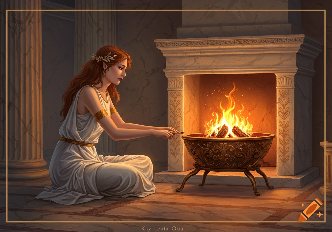 A woman in a white classical dress kneels by a large fire brazier in a marble room with pillars.