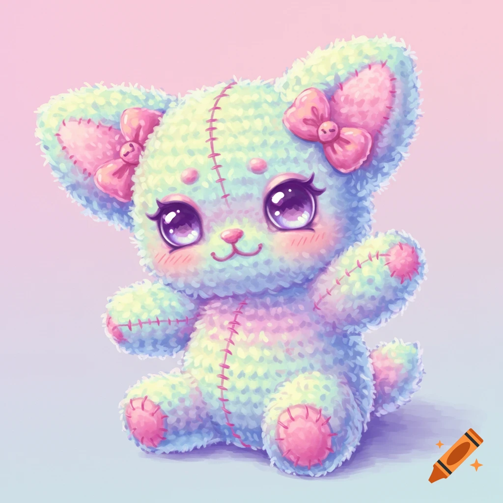 A cute, colorful, pastel-colored stuffed animal with big eyes and pink bows.