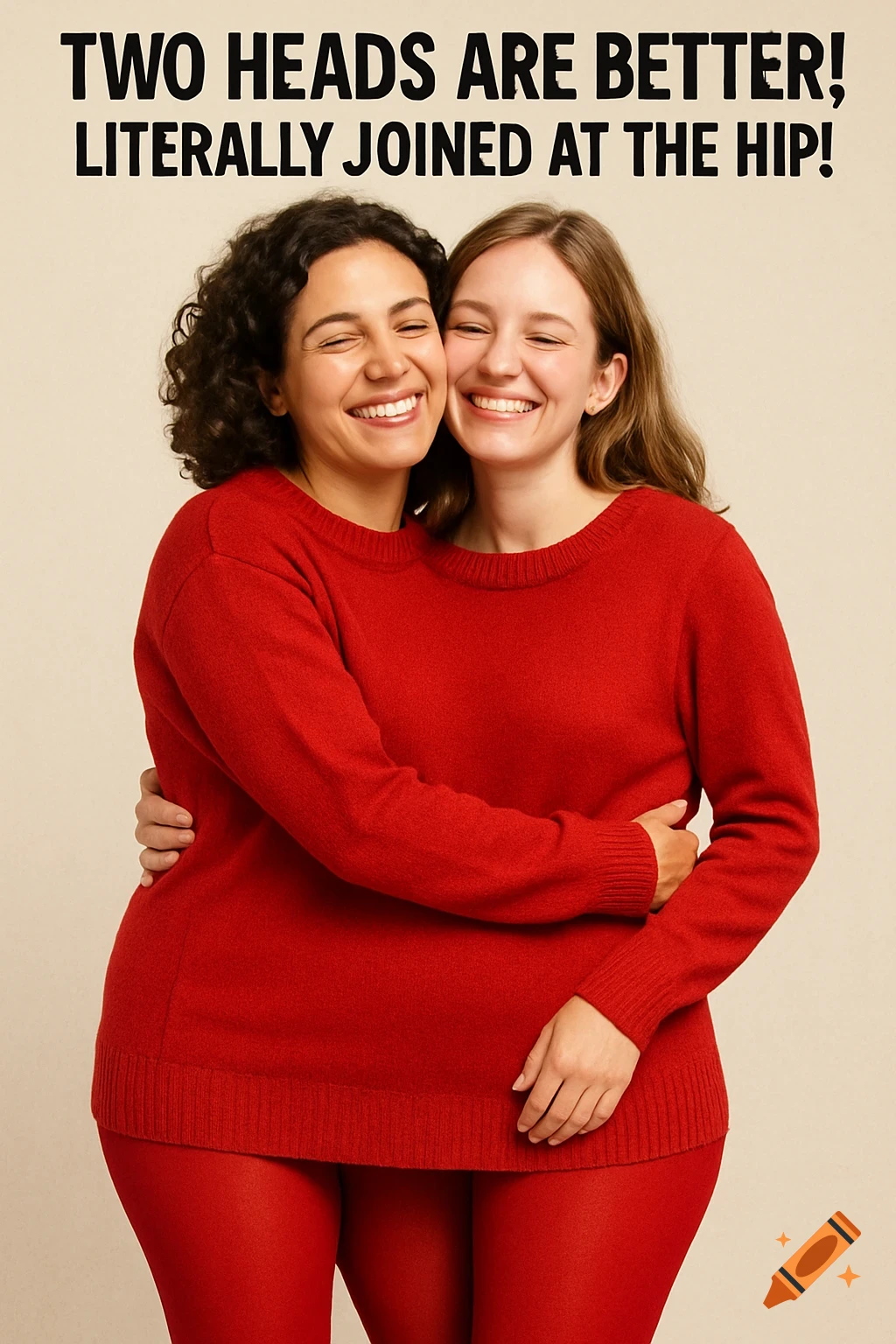 Two happy women in a red sweater hug and appear to share one body, with text 'Two heads are better! Literally joined at the hip!'