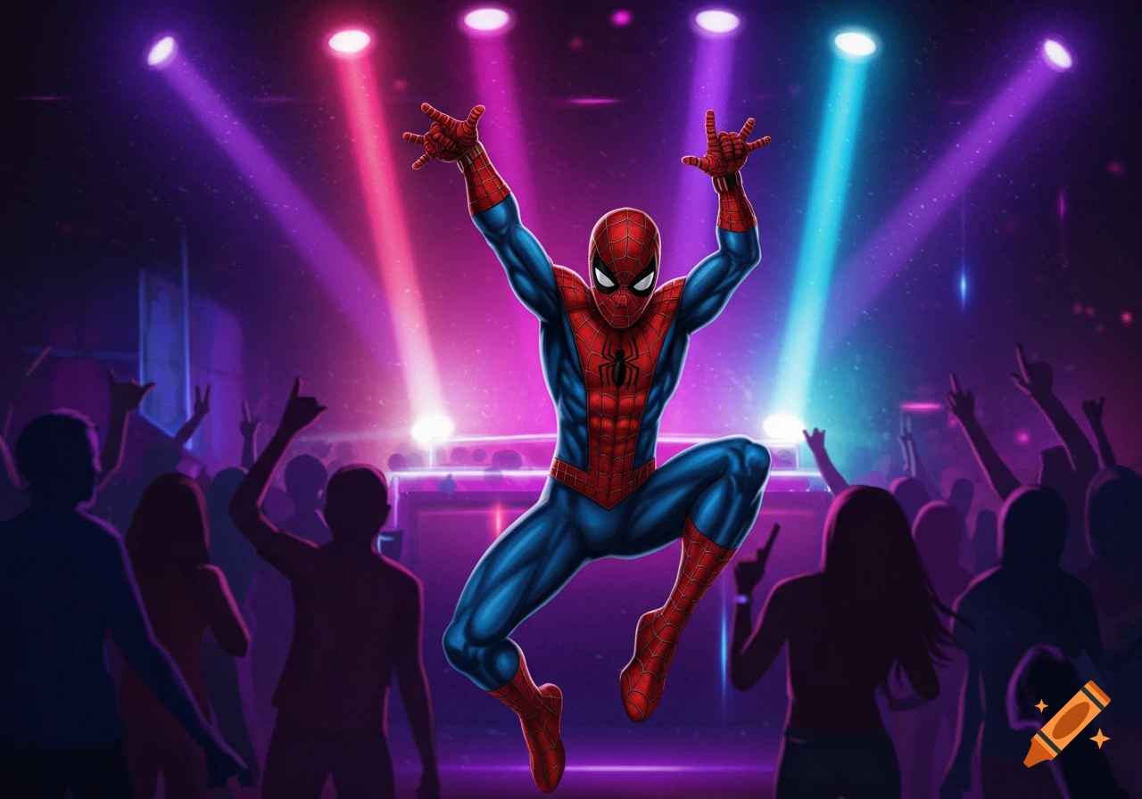 Spider-Man dancing on a stage with colorful lights and a silhouetted crowd.