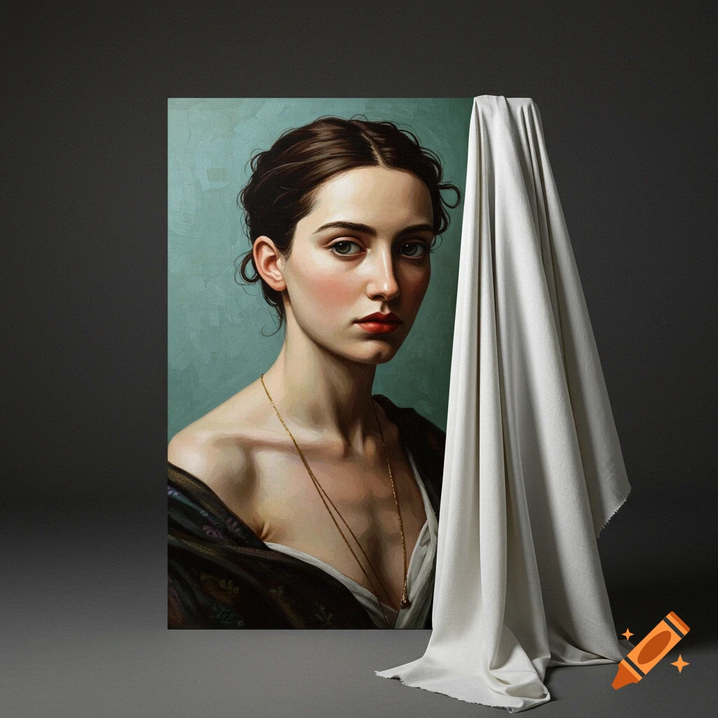 Painting of a woman with dark hair, wearing a gold necklace, partially obscured by white draped fabric.