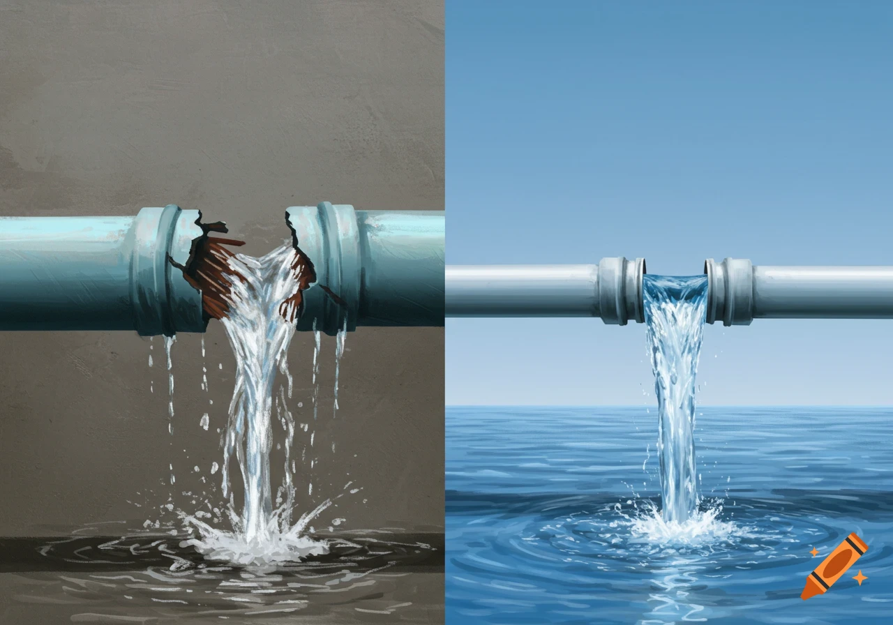 Split image shows broken pipe leaking water on left, and working pipe flowing water into ocean on right.
