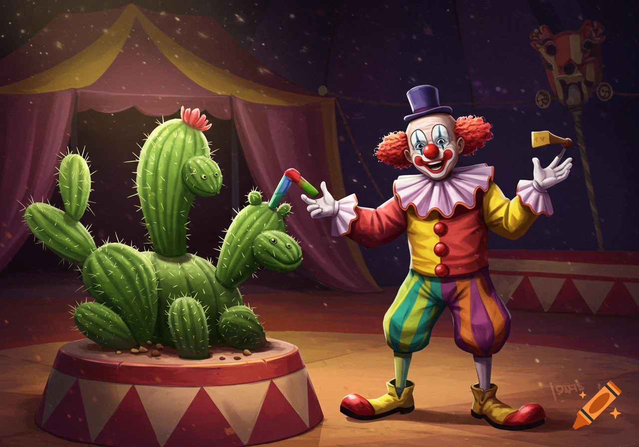 A clown stands next to a large multi-headed cactus creature on a circus stage.
