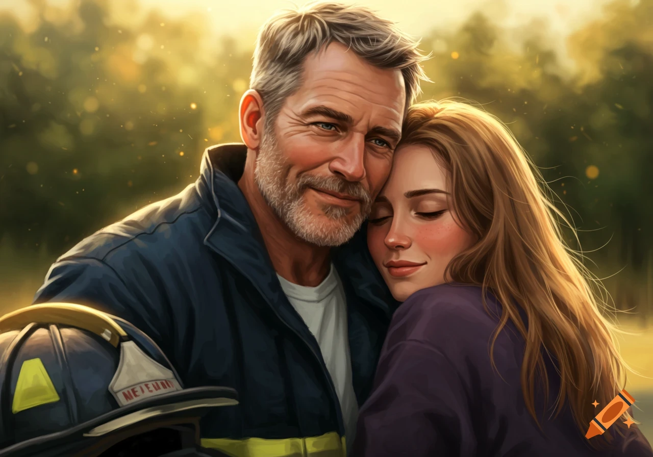 A firefighter and a woman embrace lovingly in warm, golden light.