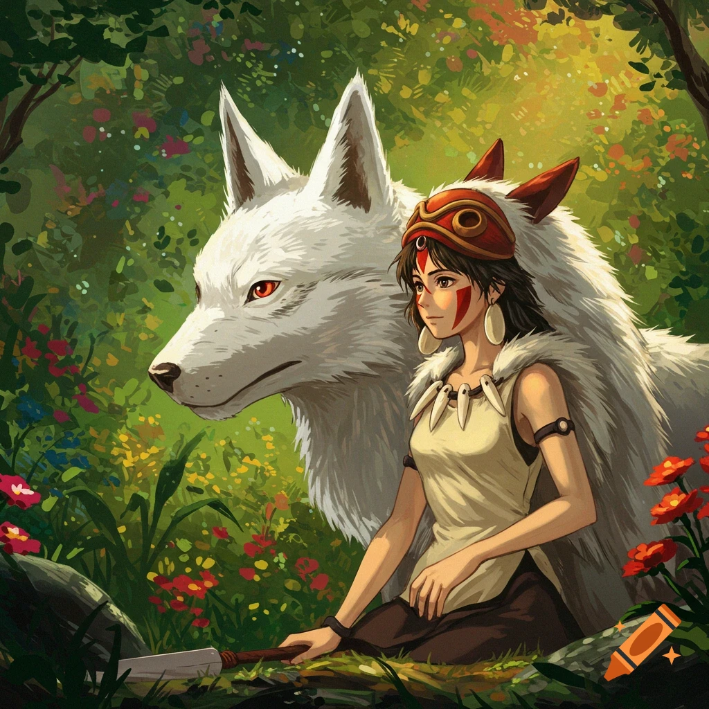 Princess Mononoke and a large white wolf sit in a forest clearing, illustration style.