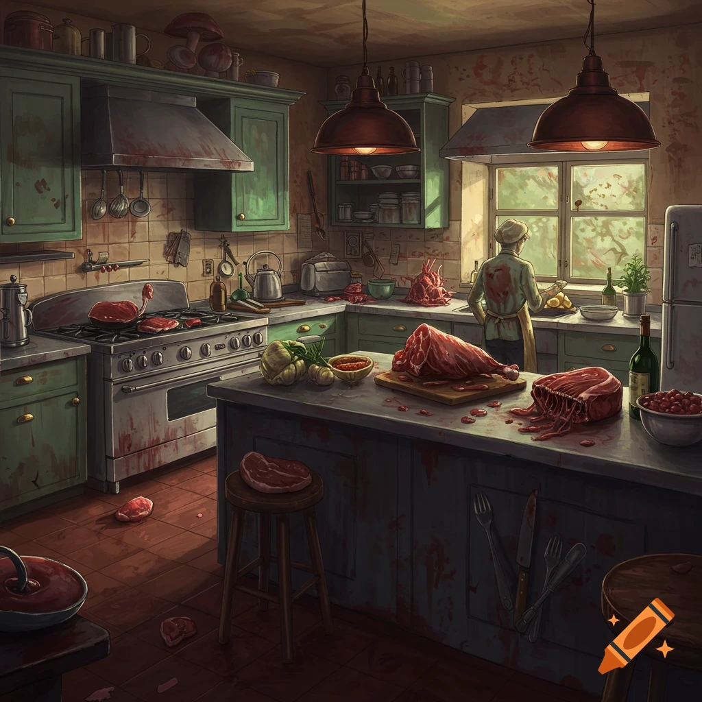 Creepy kitchen with raw meat, blood splatters, and a person in the background.