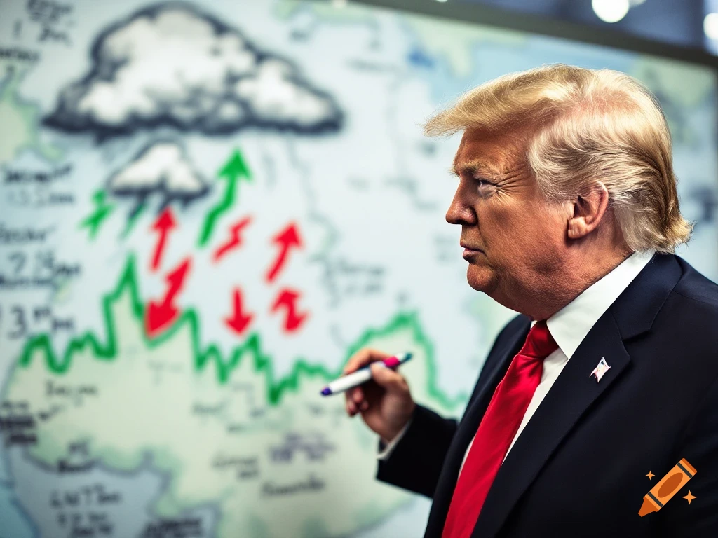 Donald Trump stands in front of a chart with arrows and a cloud, holding a marker.