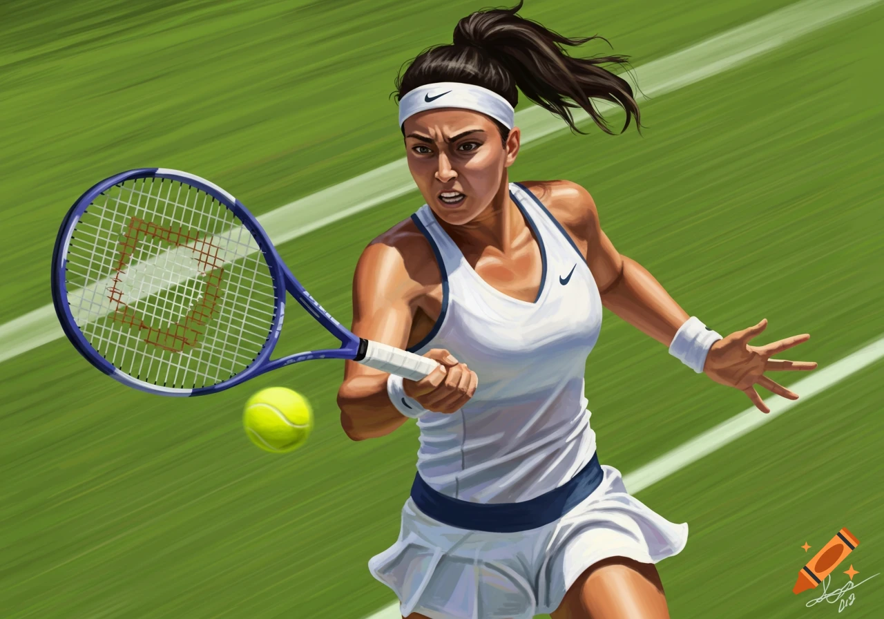 Digital painting of a woman tennis player hitting a ball on a court
