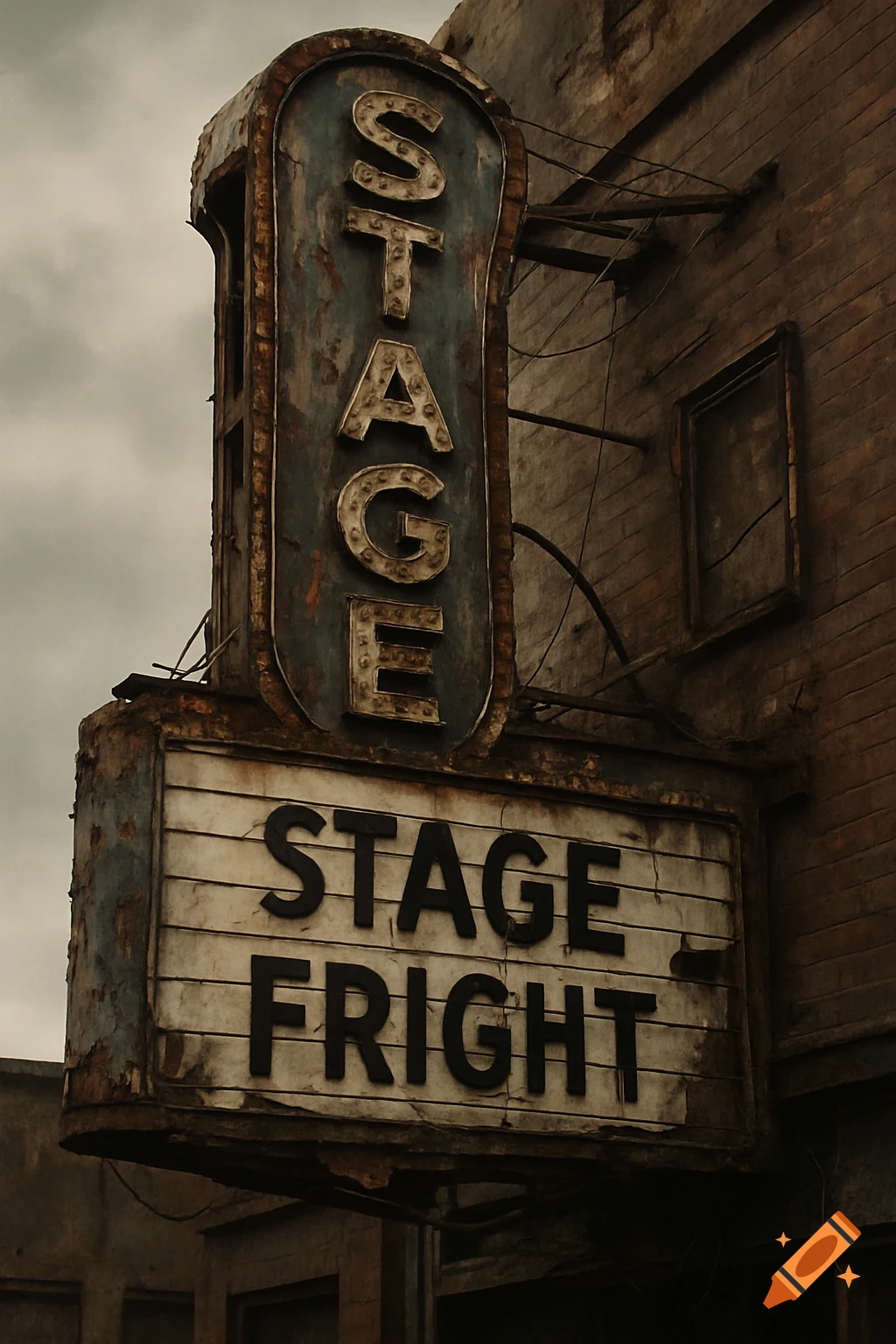 An old, rusted theatre sign reads STAGE vertically and STAGE FRIGHT horizontally.