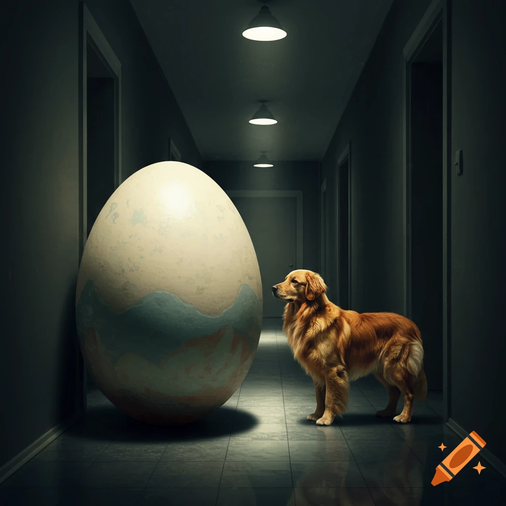 A golden retriever dog stands in a dark hallway, looking at a giant egg ...