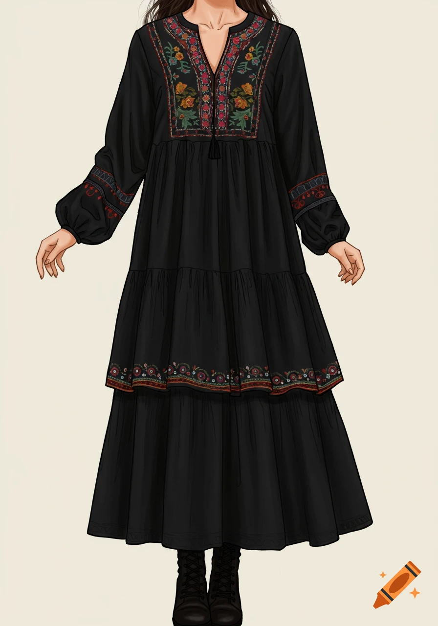 Illustration of a person wearing a long black tiered dress with colorful embroidery.