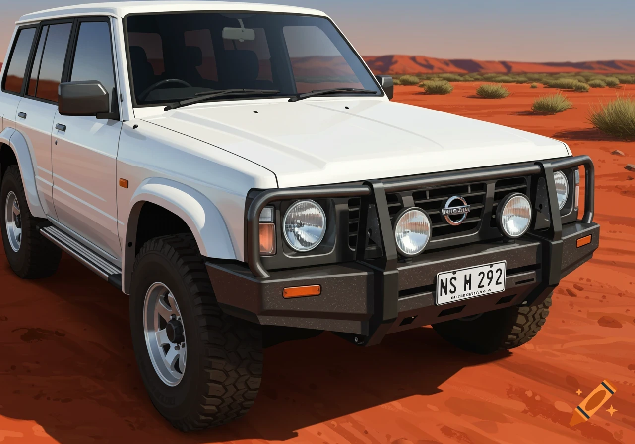 White Nissan Patrol SUV in a desert landscape.