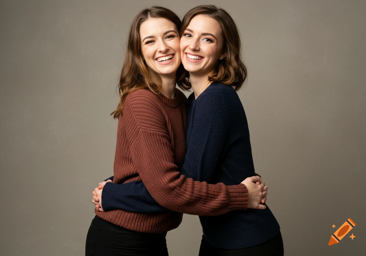 Two smiling women hug.