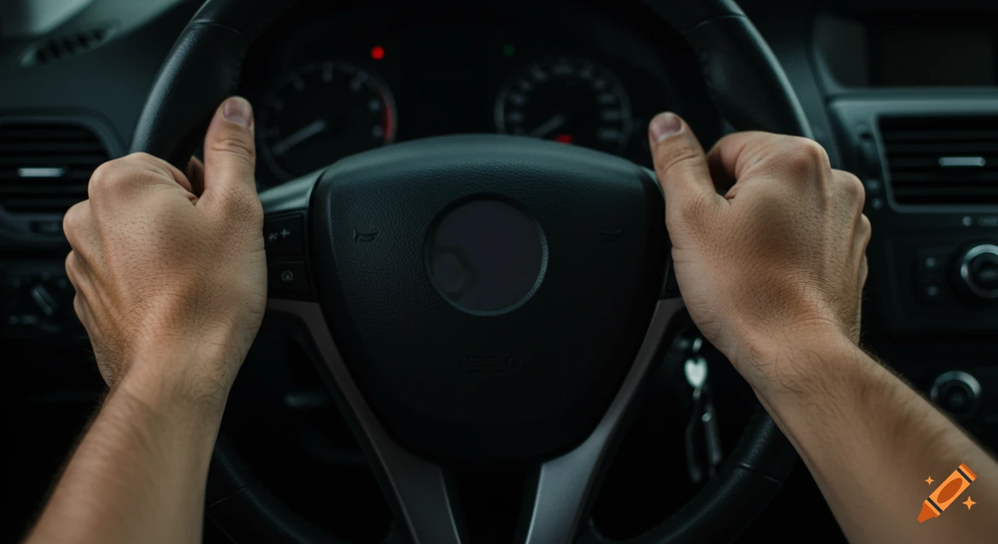 Close-up of hands gripping a steering wheel in a car