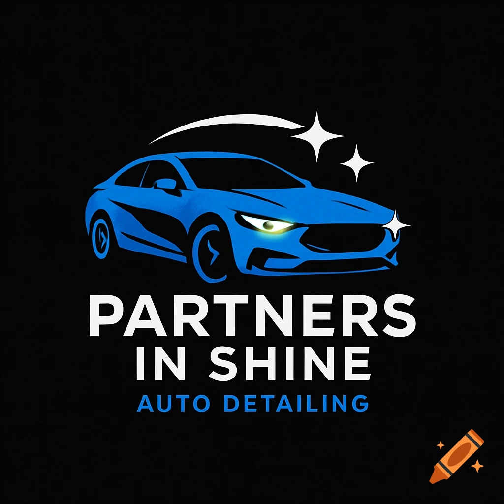 Logo for Partners in Shine Auto Detailing featuring a blue car.