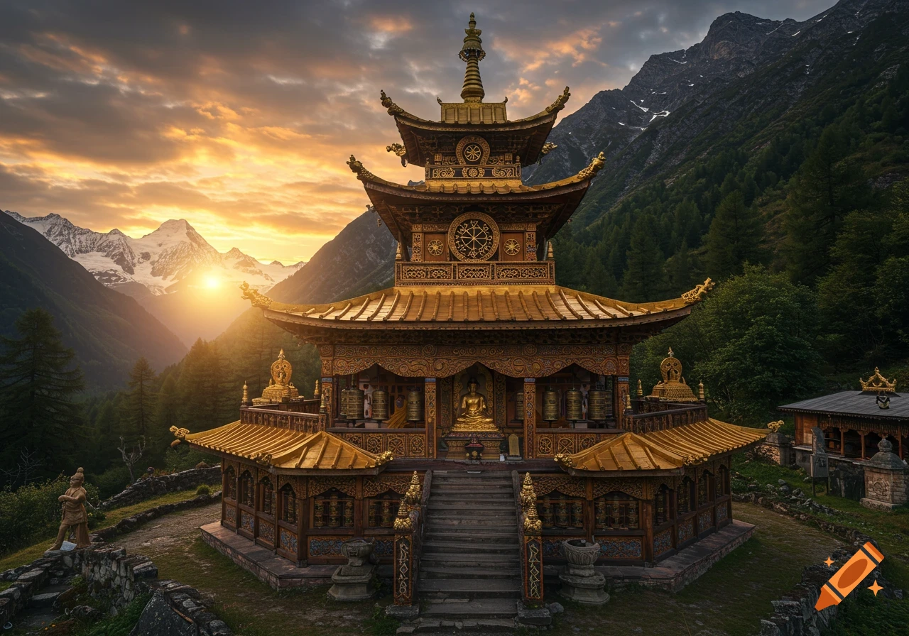 A golden pagoda temple sits on a hillside in a mountainous landscape at sunset.