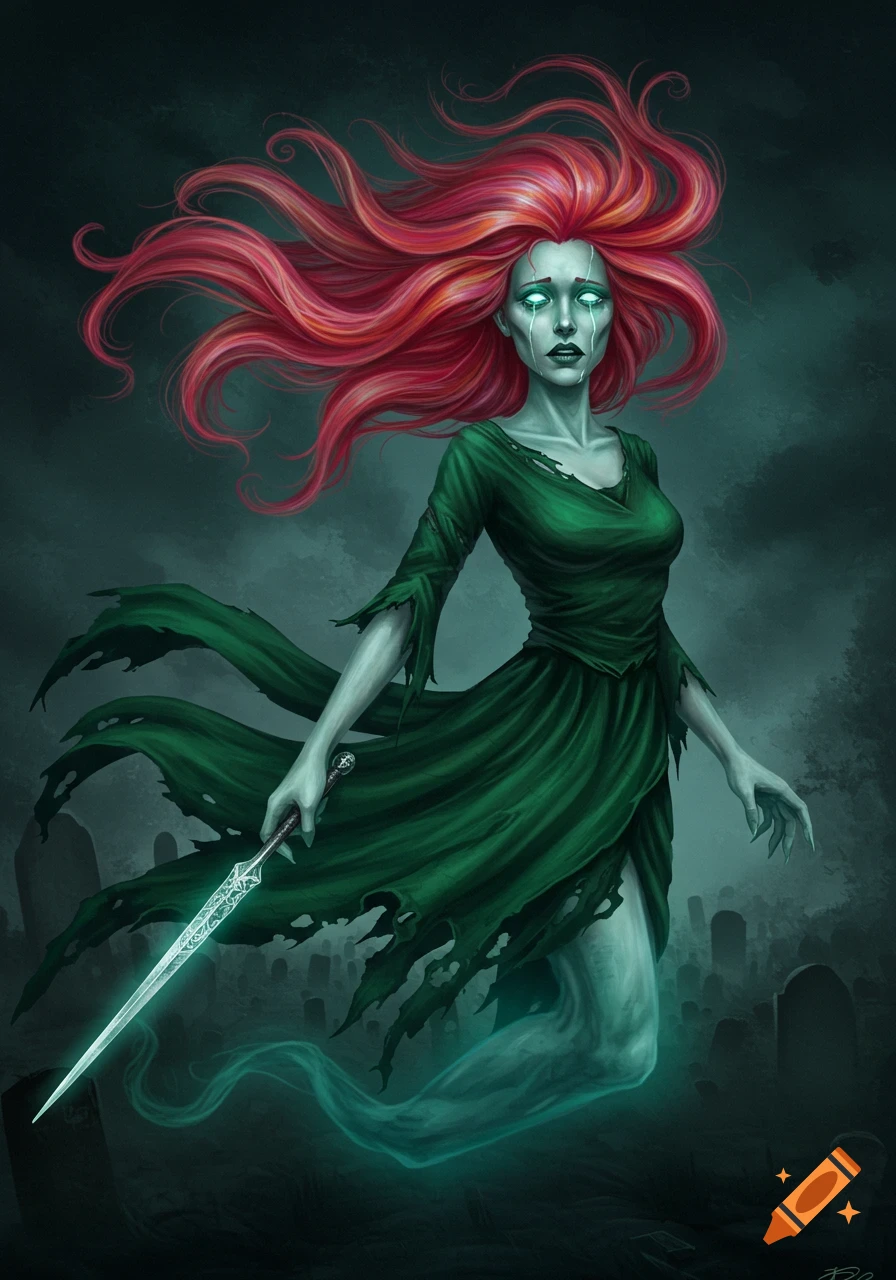 A ghostly figure with flowing red hair and a tattered green dress holds a glowing sword in a dark graveyard.