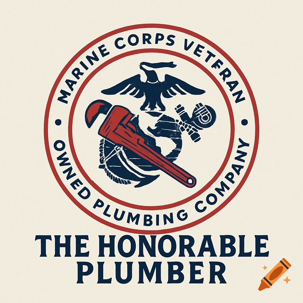 Logo for a Marine Corps veteran owned plumbing company with eagle, globe, anchor, and wrench.