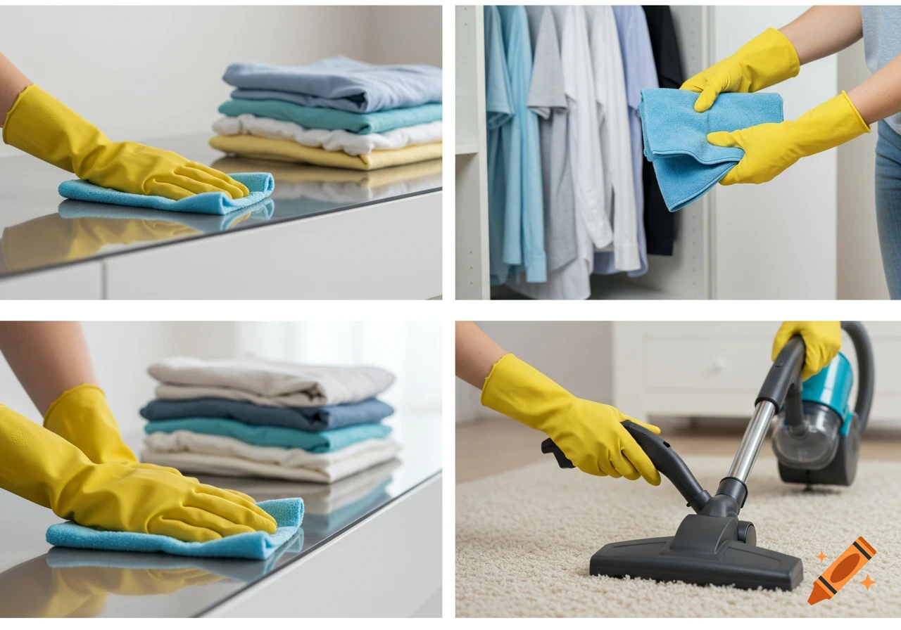 Hands in yellow gloves wiping surface, folding clothes, and vacuuming carpet in a home.