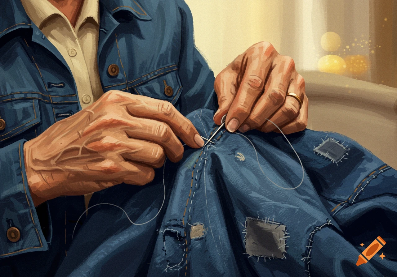 Close-up view of hands sewing patches onto a blue denim jacket.