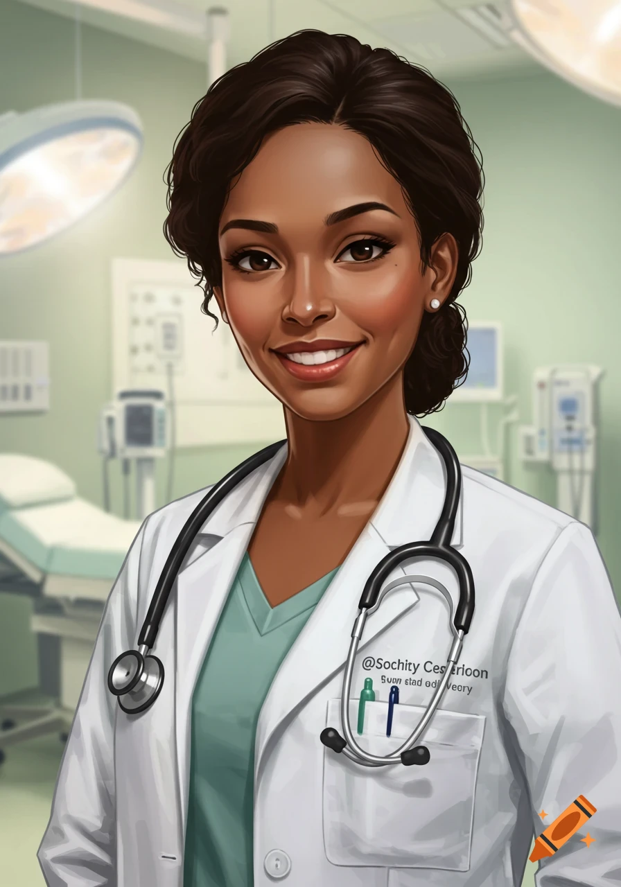 Illustration of a smiling African American female doctor in a white coat with a stethoscope.