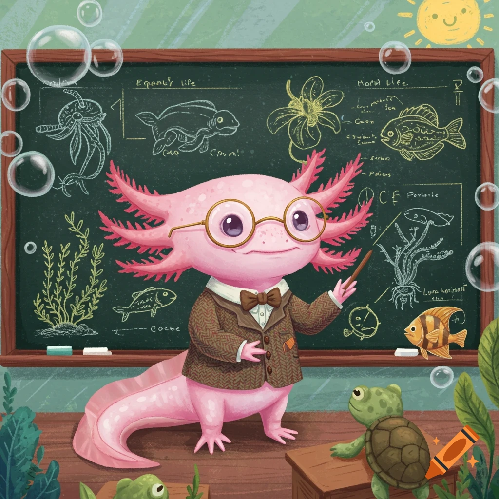 Cartoon axolotl teacher in glasses and jacket pointing at a blackboard with diagrams.