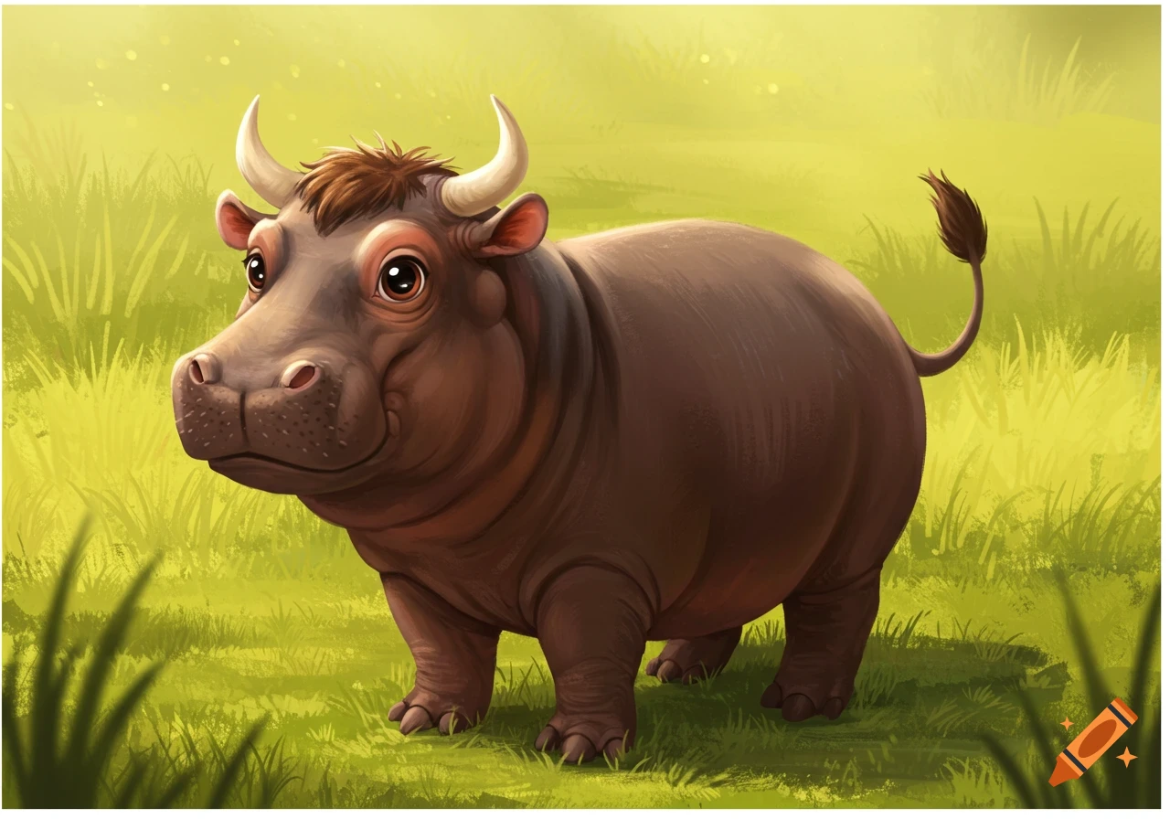 Cartoon bull-hippo hybrid in a grassy field