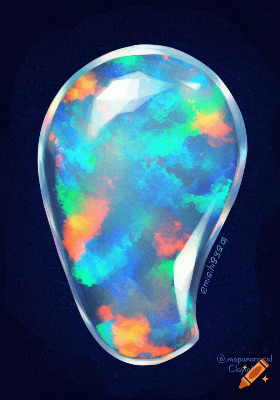 A digital painting of a large, iridescent opal gem against a dark background.