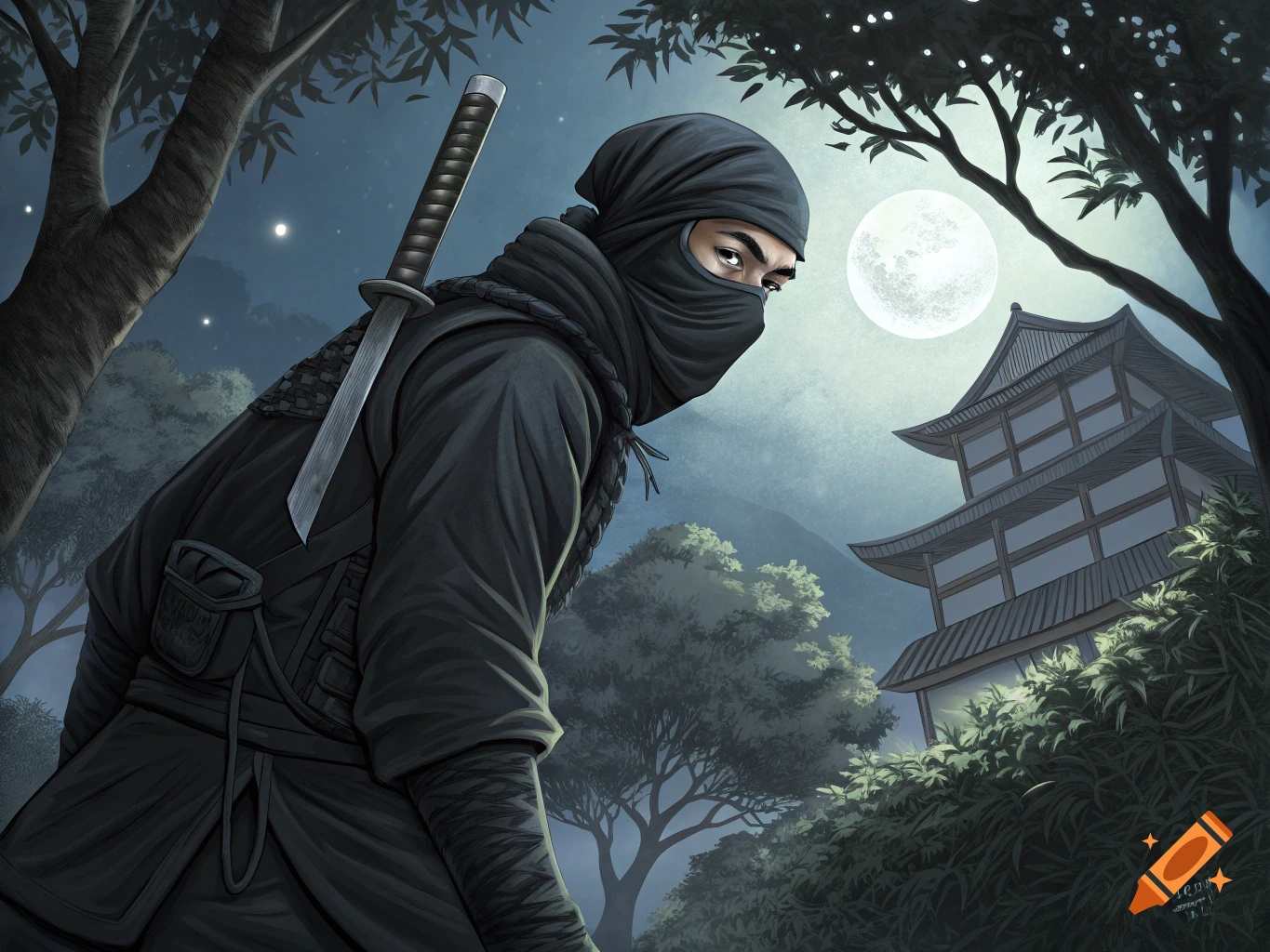 A ninja in black stands in a forest at night, sword on back, full moon over a Japanese building.
