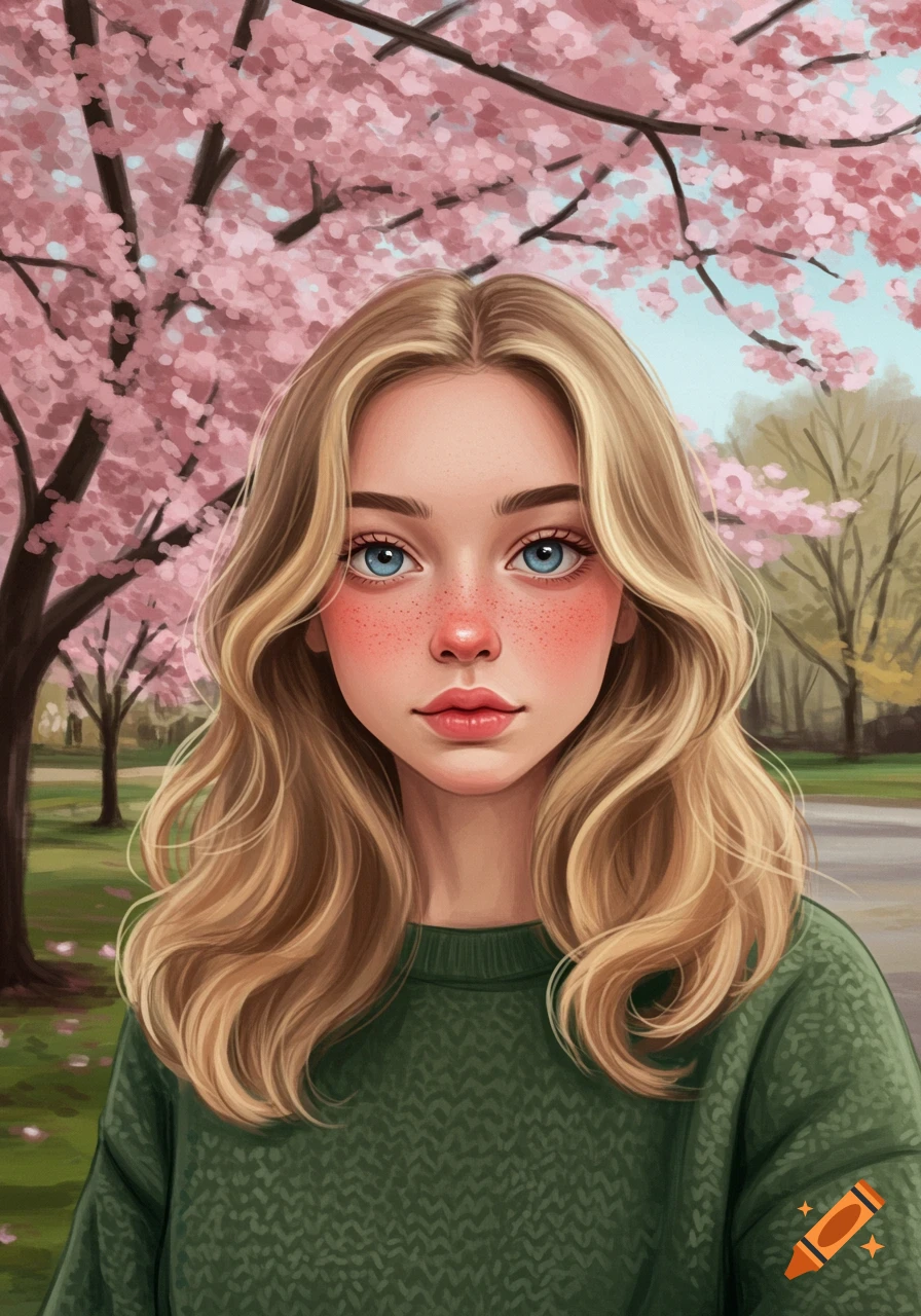 A portrait of a young woman with blonde hair and blue eyes in a park with pink cherry blossom trees. Digital art style.