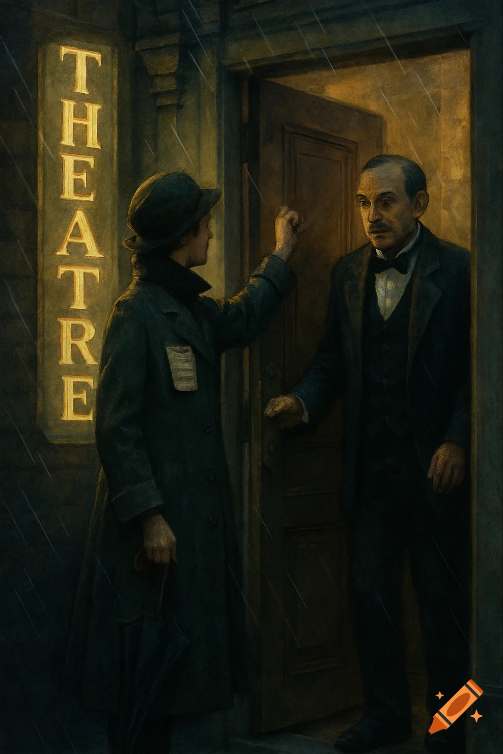A person in a coat and hat knocks on a theatre door in the rain as another person opens it. Painting style.