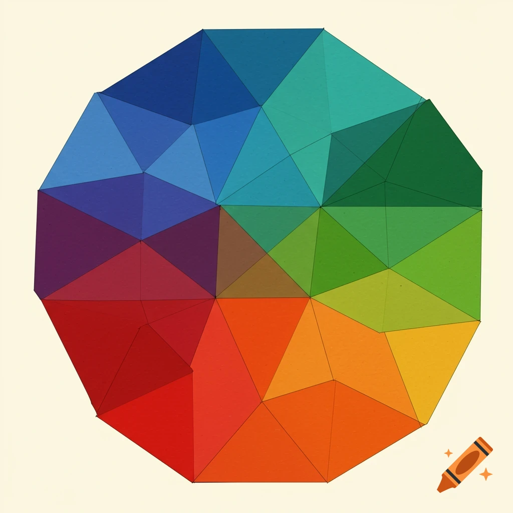 A colorful geometric pattern forming a dodecagon from triangles in shades of blue, green, red, and orange.