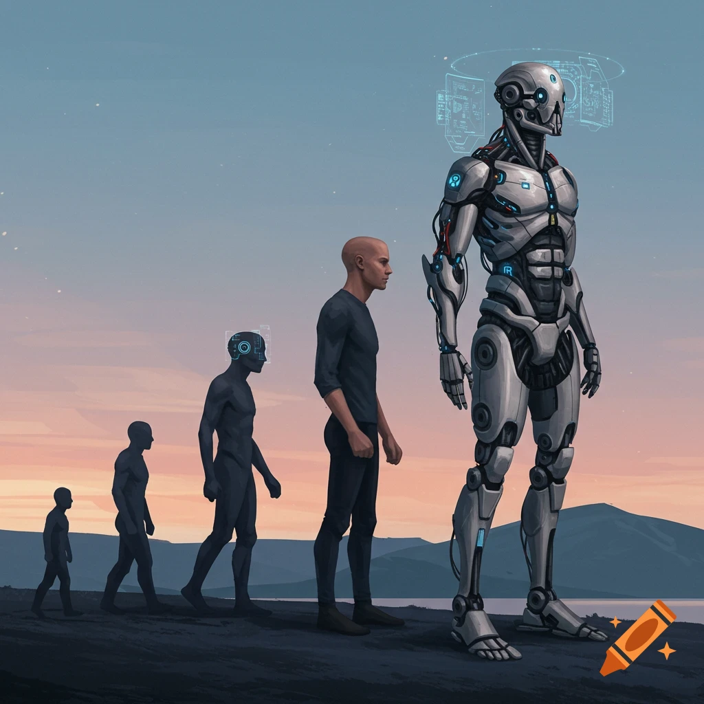 Evolution from human to robot walking on a hill at sunset