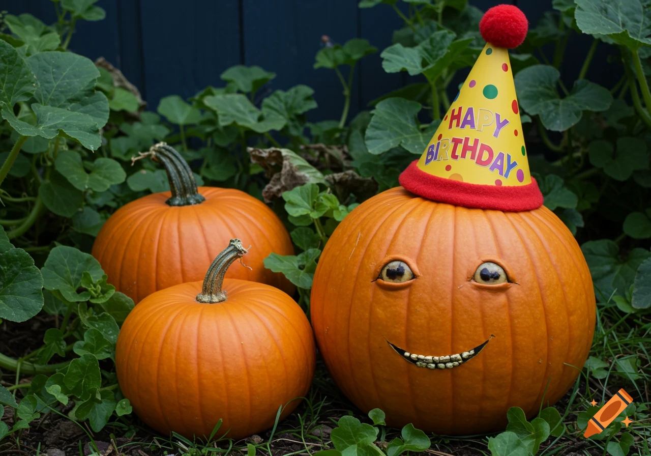 Three pumpkins sit among vines in a garden, one wearing a 'Happy Birthday' hat and having a carved face.
