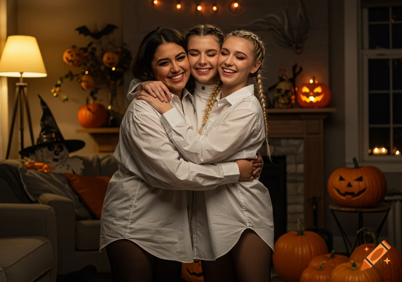 Three young women in white shirts and leggings hug in a Halloween room with pumpkins.