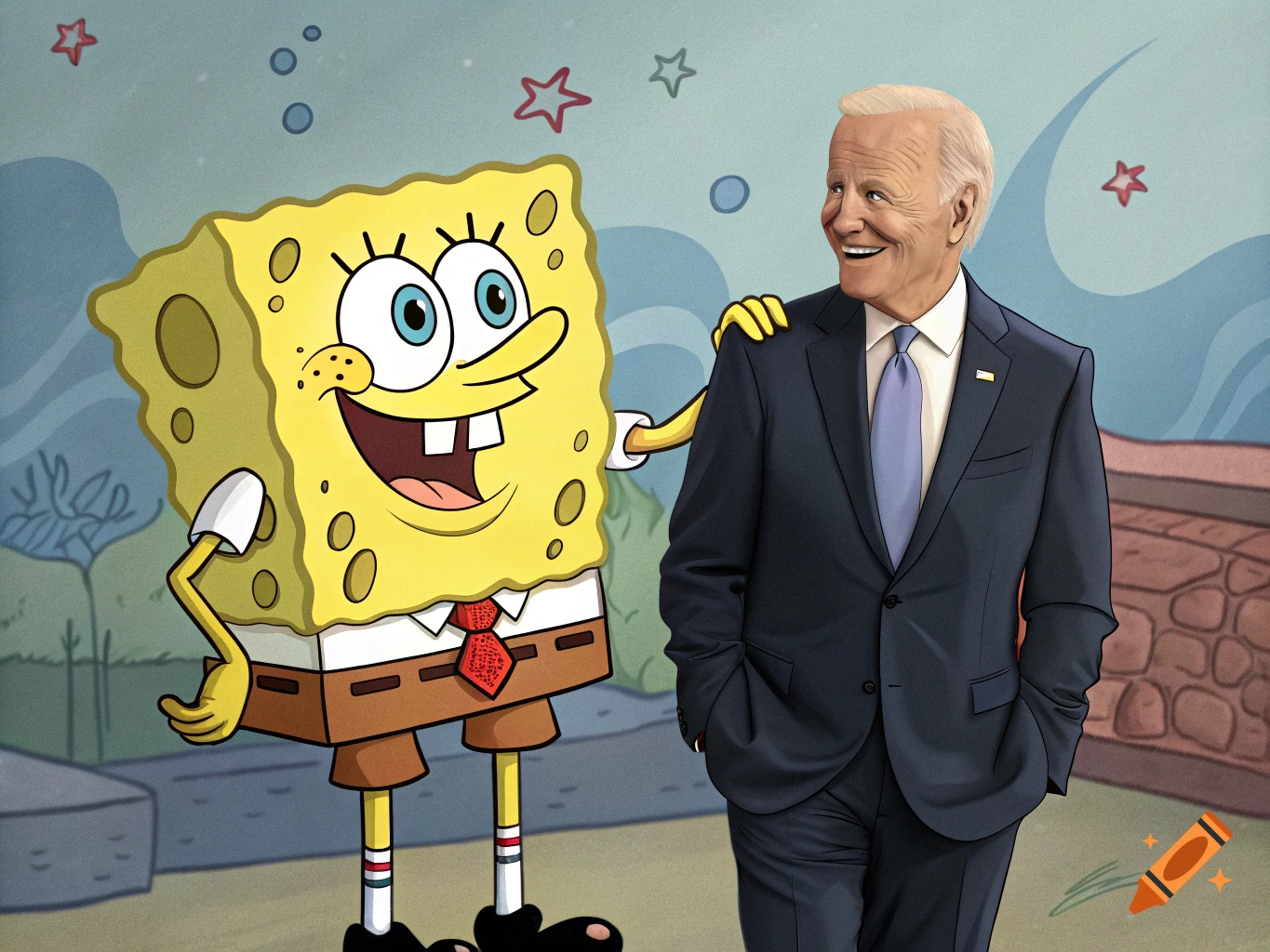 SpongeBob SquarePants stands with his arm around a smiling Joe Biden in a cartoon underwater setting.