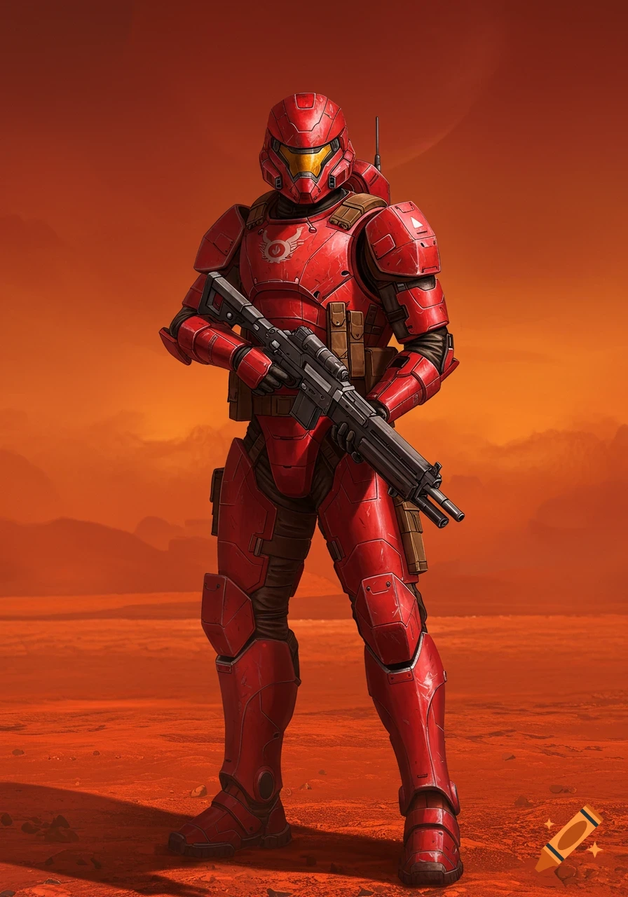 A soldier in red sci-fi armor stands on a rocky red planet holding a rifle.