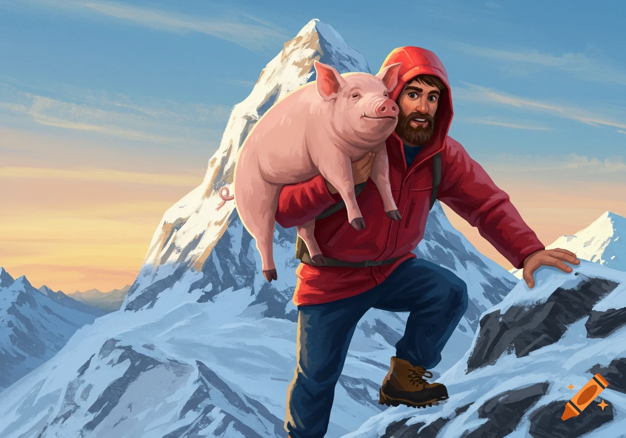 Illustration of a man climbing a snowy mountain while holding a pig.