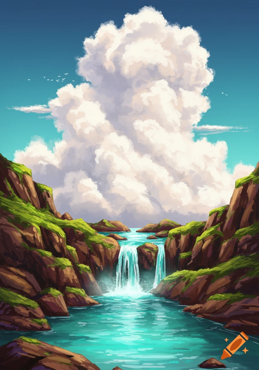 Anime illustration of a mountain stream waterfall from a large cloud.