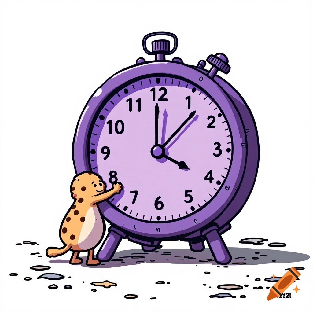 Cartoon character hugs a large purple alarm clock.