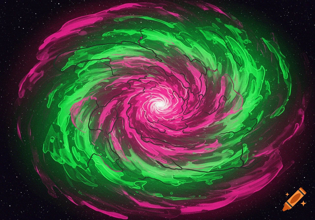 A swirling pink and green galaxy against a starry black background.