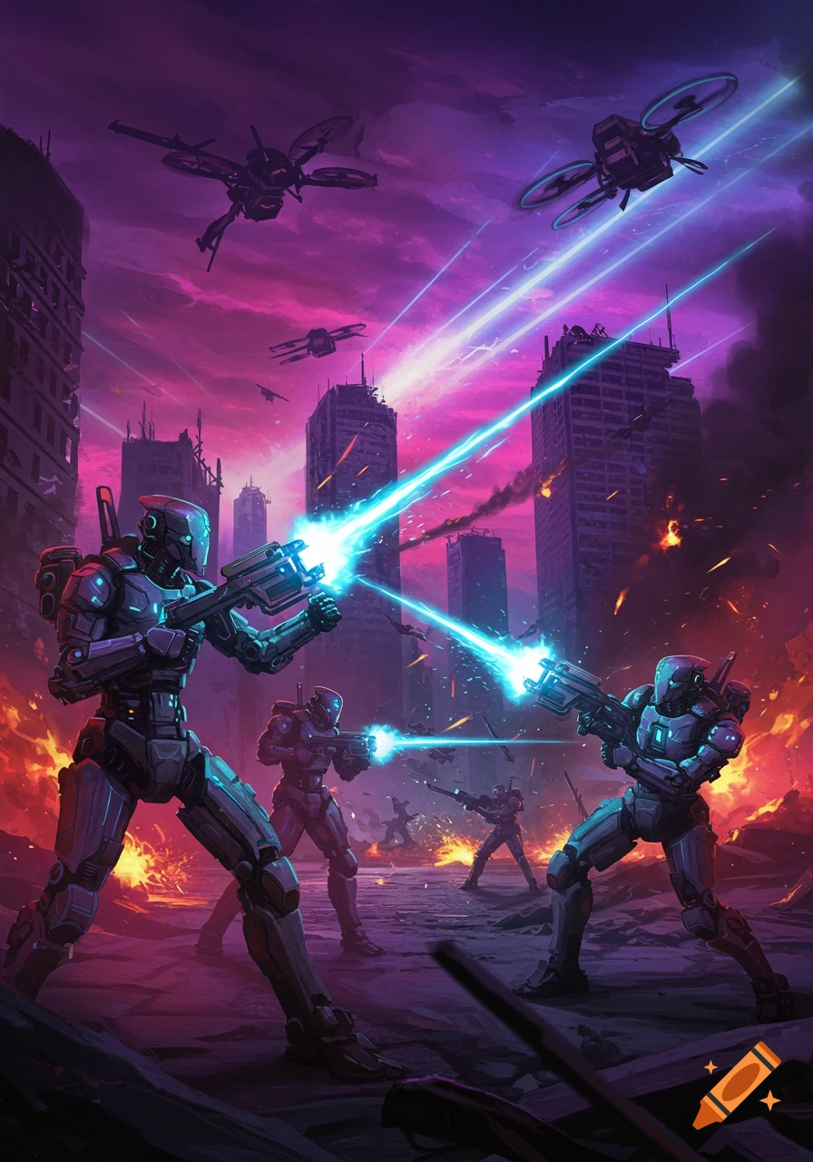 Sci-fi combat scene with robots fighting in a ruined city as drones fly overhead.